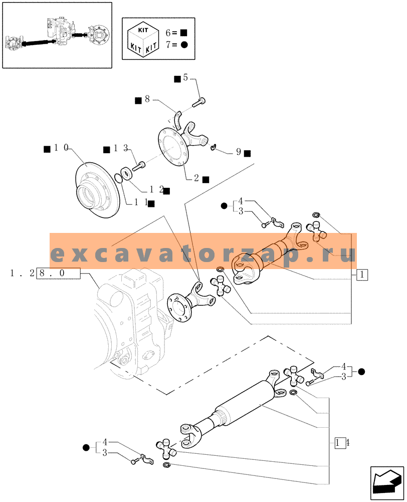 Вал 87552416 карданный передний экскаватора погрузчика New Holland B110, B115