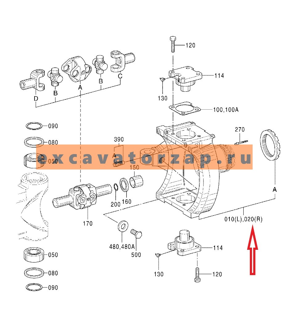 Кулак поворотный ZGAQ-03588 правый  переднего моста экскаватора Hyundai R170W7, R170W7A, R170W9S, R180W9S