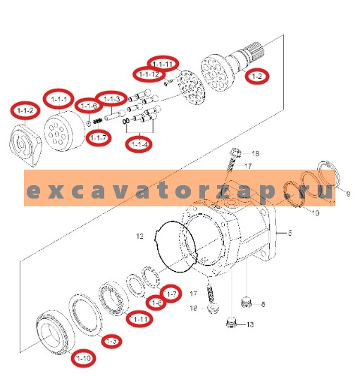 Группа роторная XJDD-00889 (оригинал, HYUNDAI) (качающий узел + поршня + вал + шайба + подшипники) гидромотора КПП (хода) экскаватора HYUNDAI R170W7, R170W7A, R170W9S, R180W9S